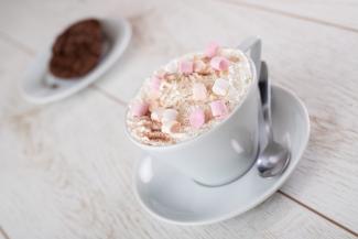 Luxury hot chocolate with cream and marshmallows at The Mirador Cafe